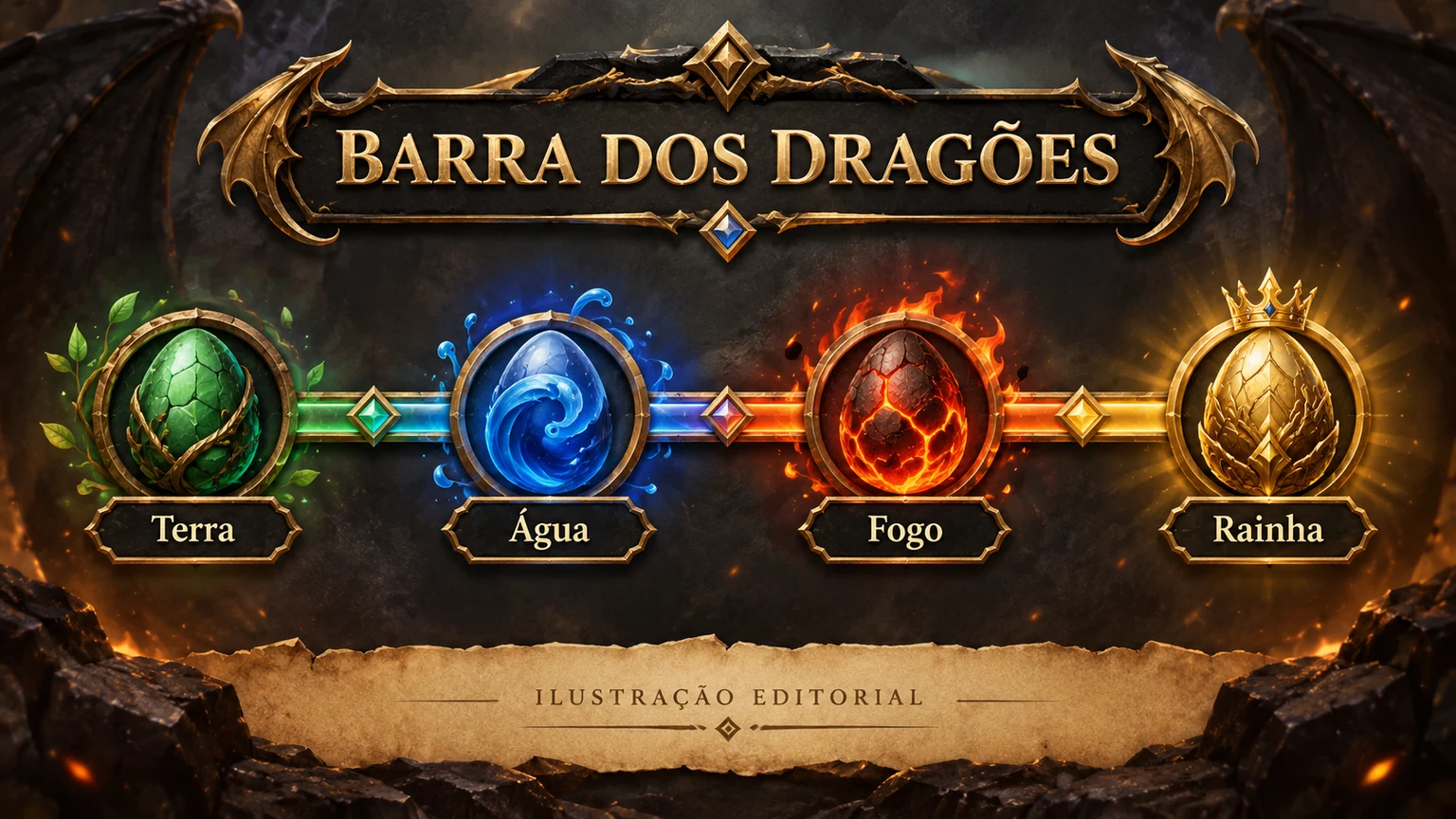 Mapa da barra de progressão e dos recursos de dragões