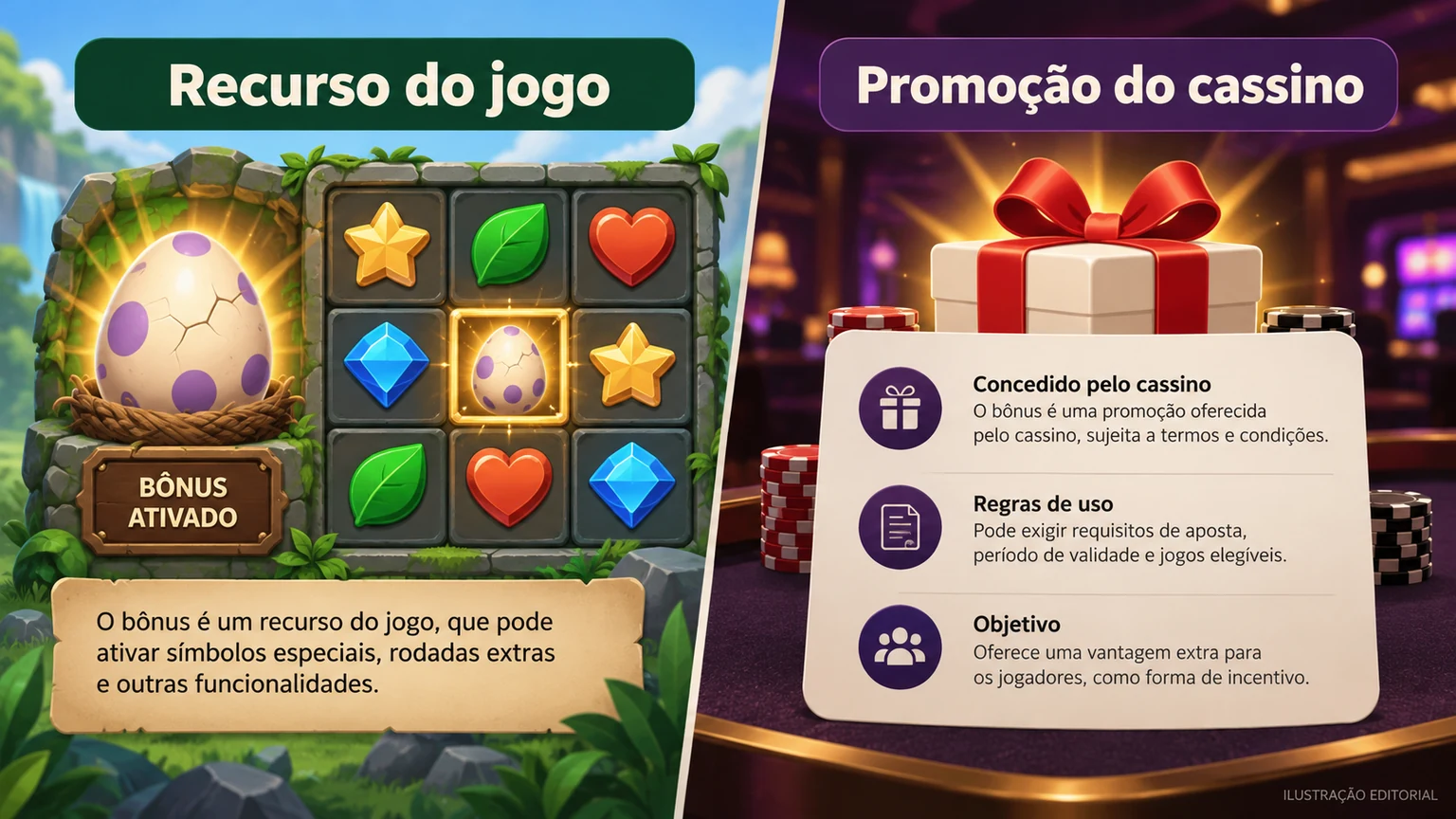 Dois significados de bônus: recurso do slot e promoção do operador