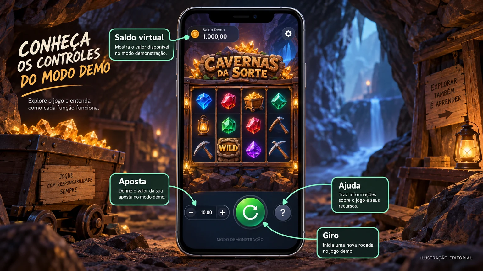 Controles essenciais da demo: saldo virtual, aposta, giro, ajuda e reposição