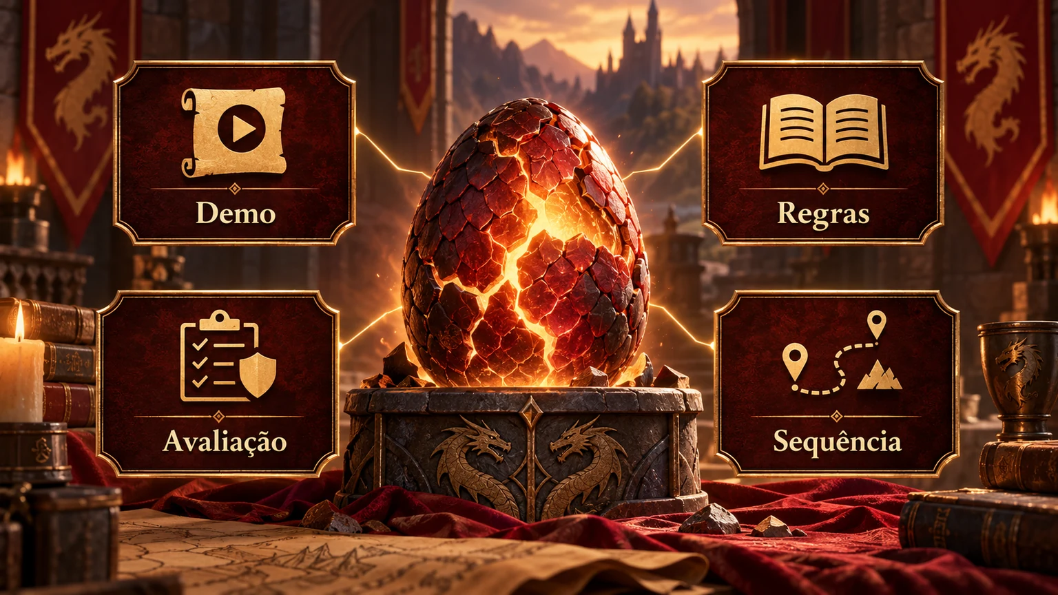 Jornada editorial para escolher entre demo, regras, avaliação e sequência